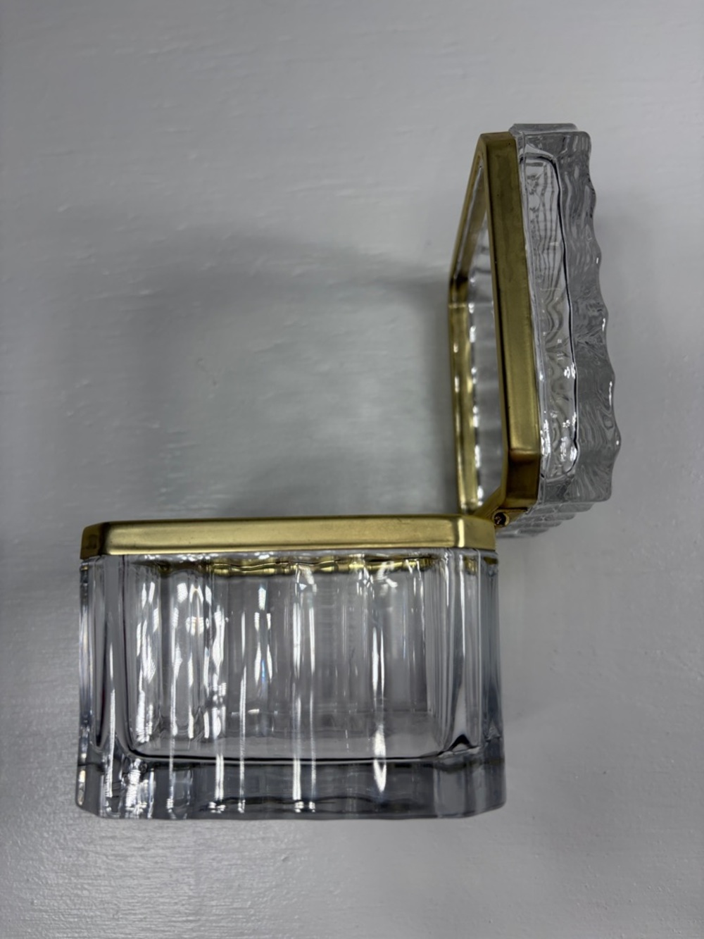 Vintage crystal jewelry casket with brass hinge 3 1/2 in. Square trinket box - Picture 2 of 7